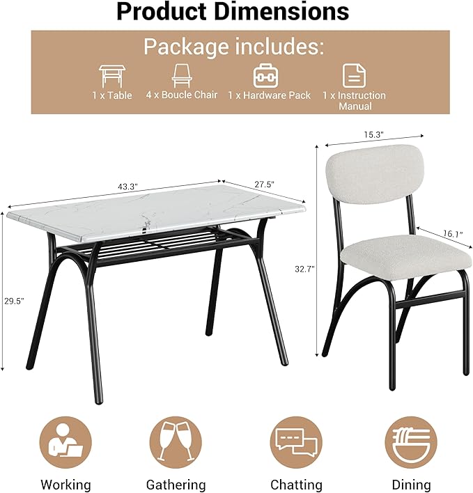 GarveeHome 5-Piece Dining Table Set for 4, Modern Kitchen Table with 4 Boucle Chairs, Rectangular Dining Table with Storage Shelf & Marble Tabletop, Beige Home Dining Furniture for Small Space