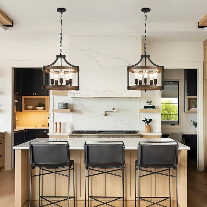 5-Light Farmhouse Chandelier, 20" Black Metal Faux Wood Pendant Light Fixtures, Hanging or Semi Flush Mount Rustic Chandelier for Dining Room, Foyer, Living Room, Kitchen