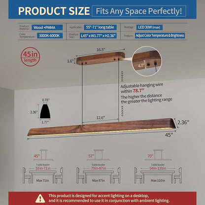 45" Wood Linear Pendant Light, Dimmable Kitchen Island Lighting with Remote, 30W LED Island Lights for Kitchen, Adjustable Linear Chandelier for Dinning Room Light Fixture, Bar, Pool Table - Walnut