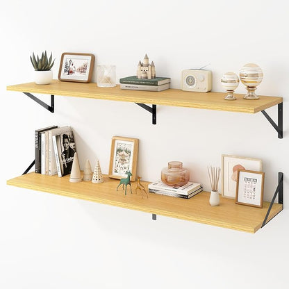 Acovy Deep Floating Shelves Wall Mounted, 48"x12" Oak Wall Shelves with Brackets Set of 2 for Bedroom, Living Room, Bathroom, Kitchen, Office - Storage & Display Shelf for Decor, Books, Plants