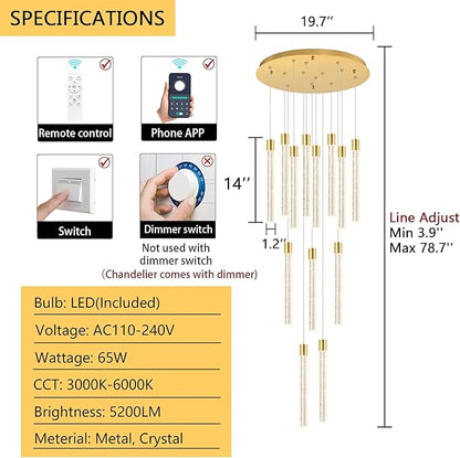 13-Light Long Large Modern Led Crystal Chandeliers Modern Spiral Chandeliers High Ceilings Chandelier for Staircase Foyer Gold