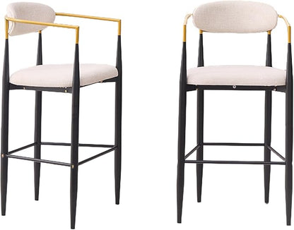 Modern Upholstered Accent Chair Set of 2 with Ergonomic Backrest,Gold Accented Armrests,Linen Fabric Seat,Black Metal Frame,Contemporary Seating for Dining Room,Kitchen Island (Beige,Bar Stool)