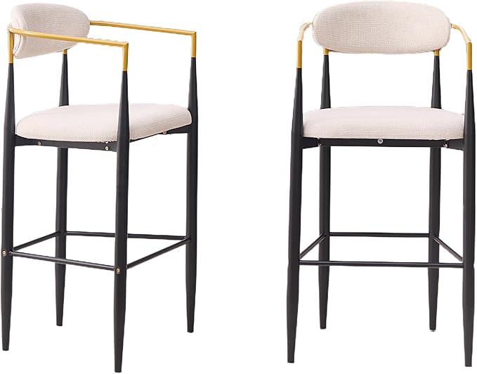 Modern Upholstered Accent Chair Set of 2 with Gold Accented Armrests, Ergonomic Barrel Back, Padded Fabric Seat, Metal Frame for Dining Room, Kitchen Island, Counter, Office (Beige,Bar Stool)