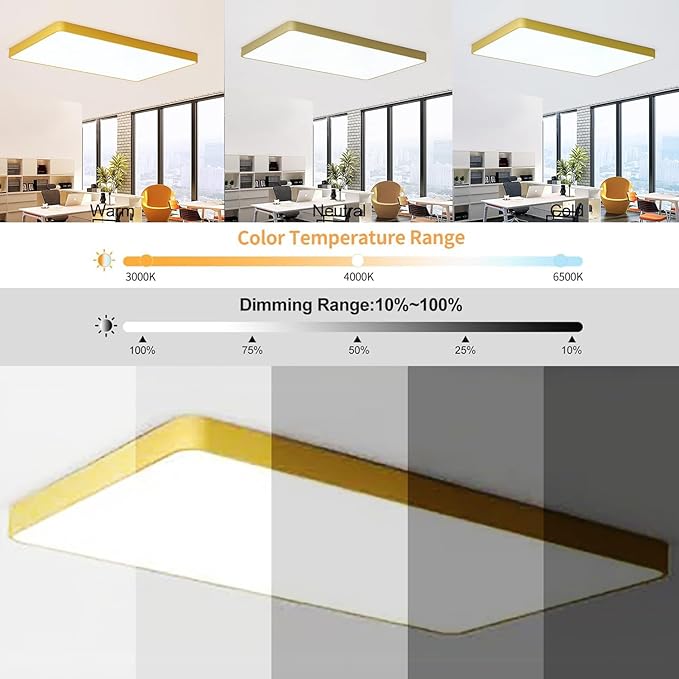 LED Ceiling Light Fixture,16 * 24 Inch Modern Rectangle Recessed Ceiling Lights,Dimmable Light,48W Yellow Close to Ceiling Lighting Flush Mount Living Room Bedroom,3000K-6000K
