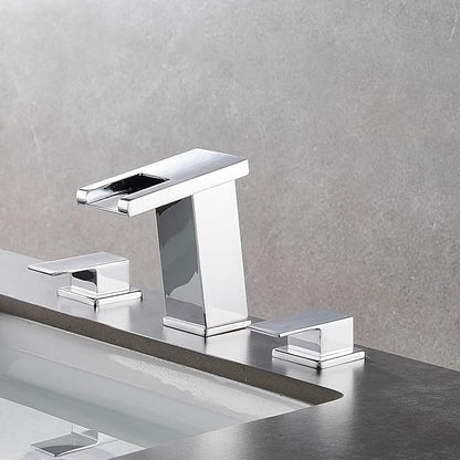 AVSIILE LED Bathroom Faucet 3 Hole, Chrome Waterfall Bathroom Faucets, 8 Inch Widespread Modern Bathroom Sink Faucet & Parts, Wide Spread Touch On Three Hole 2 Handle 3 Piece Bathroom Vanity Faucet