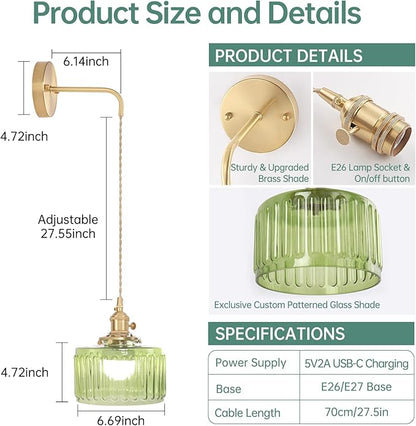 Shenmoyl Battery Operated Wall Sconce with Green Striped Shade Pattern Glass Adjustable Chain Retro Gold Wall Mounted Light, Modern Wall Decor for Bedside Bedroom Indoor Doorway， Set of 2