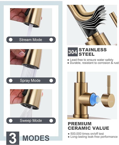 Kitchen Faucet and Water Filter Faucet Combo, WOWOW Stainless Steel Kitchen Sink Faucet with Drinking Water Faucet for Reverse Osmosis or Water Filtration System, Brushed Gold