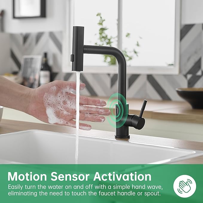 CENOSA Touchless Kitchen Faucet Motion Sensor Hands Free Single Handle Kitchen Sink Faucet with Pull Down Sprayer Matte Black