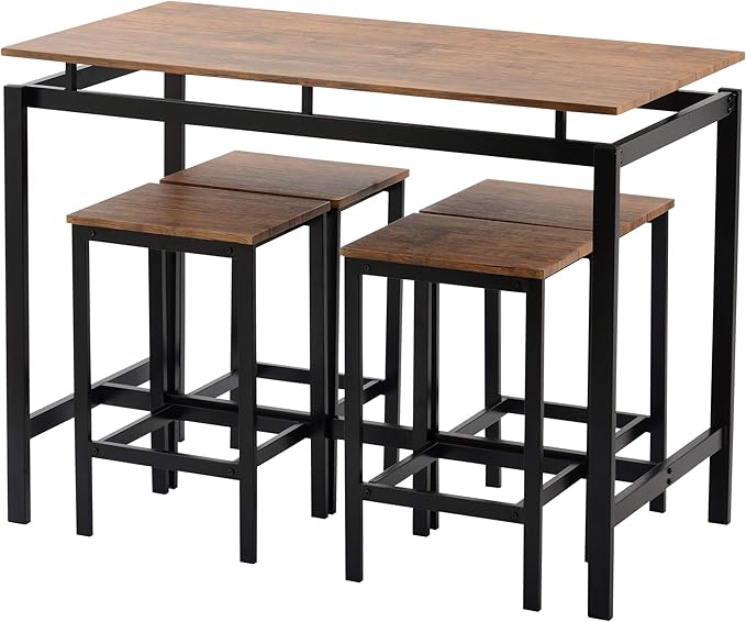 Solid Wood 4-Piece Kitchen DIng Table Set, Counter Height Bar Table Set with 3 Stools and Storage Shelves, Perfect for Home, Kitchen, Living Room (Brown-1)