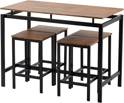 Solid Wood 4-Piece Kitchen DIng Table Set, Counter Height Bar Table Set with 3 Stools and Storage Shelves, Perfect for Home, Kitchen, Living Room (Brown-1)