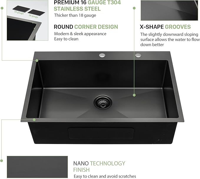 30 Inch Drop-in Sink - Beslend 30”x22”x10” Stainless Steel Gunmetal Black Topmount Kitchen Sink 16 Gauge 10 Inch Deep Single Bowl Kitchen Sink Basin