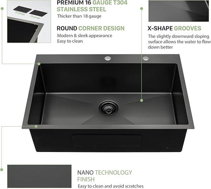 30 Inch Drop-in Sink - Beslend 30”x22”x10” Stainless Steel Gunmetal Black Topmount Kitchen Sink 16 Gauge 10 Inch Deep Single Bowl Kitchen Sink Basin