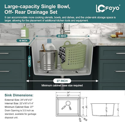 24 Inch Undermount Laundry Sink, White Granite Composite Quartz Sink, 12 Inch Deep Single Bowl Utility Sink, Non-Porous, Stain Resistant, Easy to Clean, Modern Sink for Laundry Room