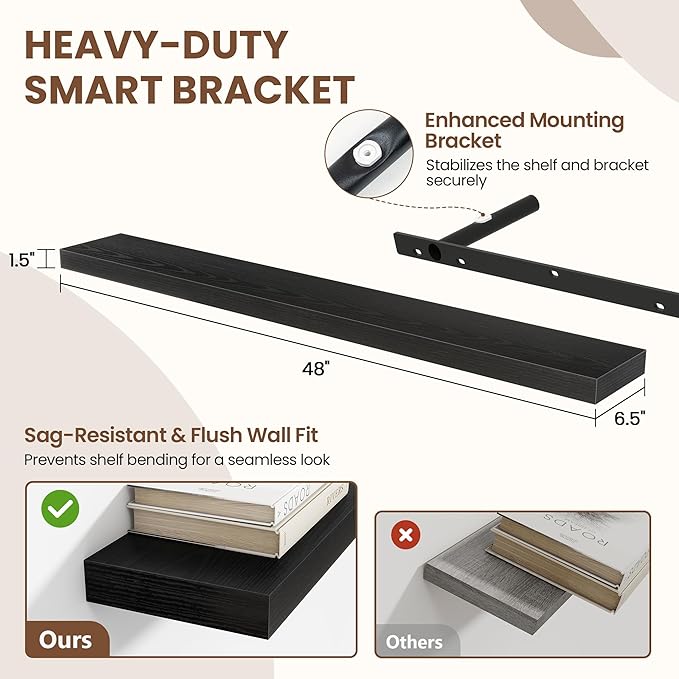 Acovy 48 Inch Floating Shelves for Wall 1 Pack, 48" Wall Shelves for Books, Storage, Decor, Wall Mounted Floating Shelf with Invisible Brackets for Kitchen, Living Room, Black