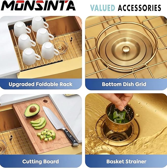 Gold Farmhouse Kitchen Sink, 16 Gauge SUS304 Stainless Steel Farm Sinks, All In One Workstation Sink with Ledge & Accessories, 33" x 20" x 10" Large and Deep Gold Undermount Kitchen Sink