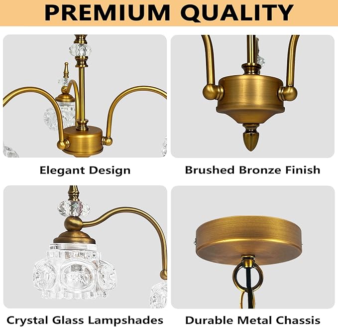 Montex Brass Pendant Light,Gold Vintage Chandelier Light Fixture 3 Lights,Include 4 Light Bulbs Glass Pendant Light Crystal Hanging Light