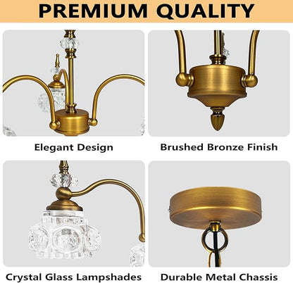 Montex Brass Pendant Light,Gold Vintage Chandelier Light Fixture 3 Lights,Include 4 Light Bulbs Glass Pendant Light Crystal Hanging Light