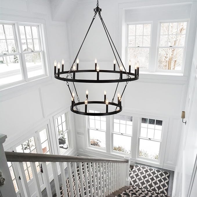Black Wagon Wheel Chandelier 2 Tier 20-Lights 40 Inch Extra Large Farmhouse Light Fixture Rustic Lighting Round Chandeliers for Dining Room Kitchen Island Foyer Entryway