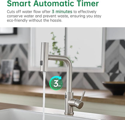 CENOSA Touchless Kitchen Faucet Motion Sensor Hands Free Single Handle Kitchen Sink Faucet with Pull Down Sprayer Brusshed Nickel