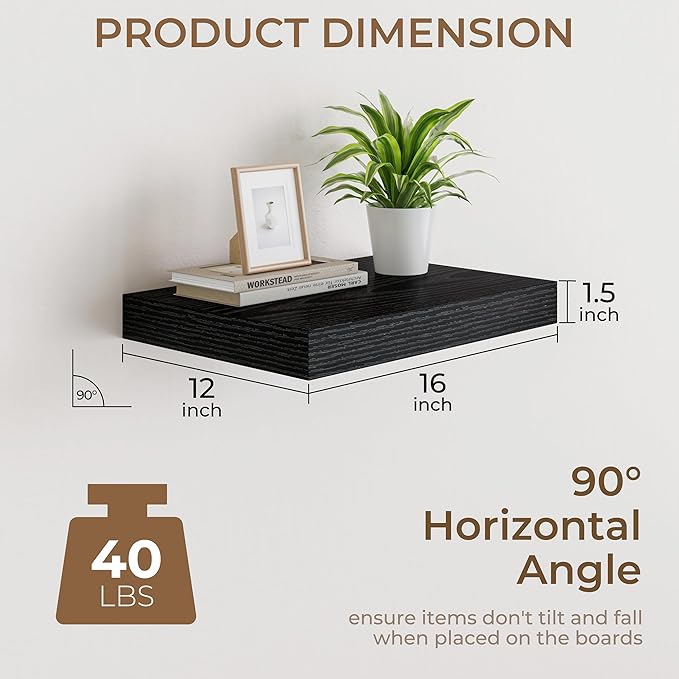 RICHFOCUS Deep Floating Shelves for Wall 2 Pack 12" D 16 Inch Wall Shelves for Room Wall|Wood Hanging Shelf with Invisible Brackets for Bathroom Bedroom Kitchen Laundry Room, Black
