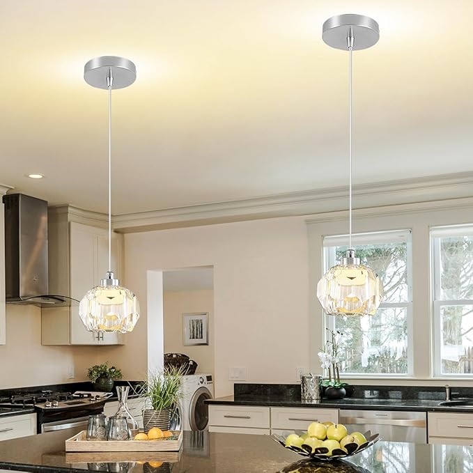 Modern Led Crystal Ball Pendant Light Kitchen Island, Mini Crystal Chandelier for Dining Room 3000K-6000k,5W Chrome