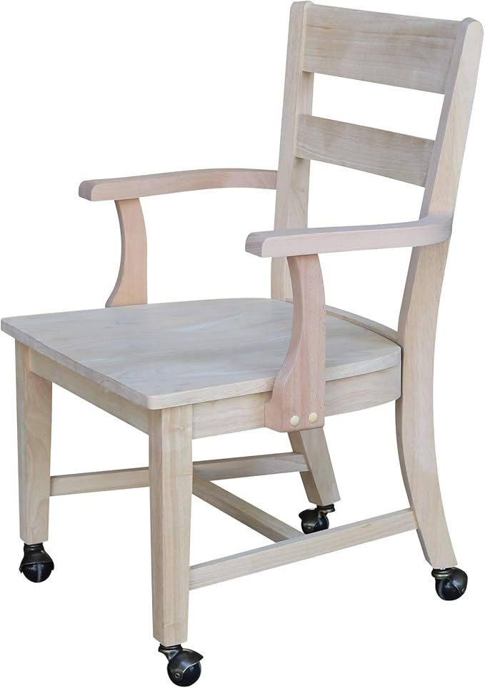 IC International Concepts, Solid Wood Dining Chair with Casters, Unfinished, 225lbs wt capacity, Solid Real Wood, Sturdy Parawood, DIY, Paint/Stain Ready, Unfinished