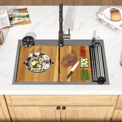 36x22 Inch Drop In Black Kitchen Sink - Workstation 16 Gauge 304 Stainless Steel Single Bowl Handmade Large Two-Holes Sink with Mixing Bowl, Pasta Strainer, and Cutting Board #TLT-0056