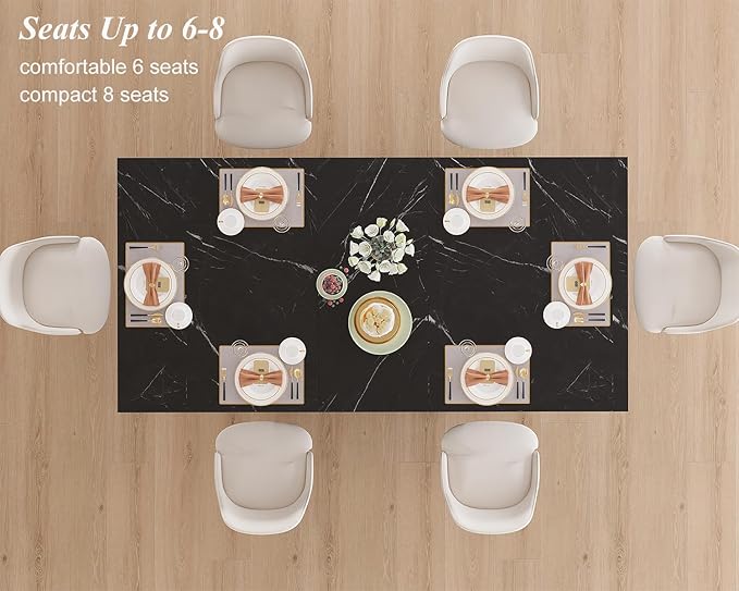 HSH Black Faux Marble Dining Table, 63 inch Modern Dinner Table for 6 Person, Farmhouse Rectanglur Kitchen Table for Living Room, Long Wood Dining Room Tables with strong Pedestal, Black Marble, 63 In