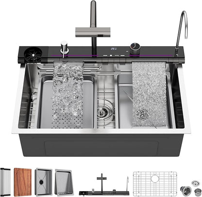 30 Inch Smart Waterfall Kitchen Sink - Beslend 30x19 Stainless Steel Drop In Waterfall Sink Topmount Workstation 16 Gauge Modern Sinks Single Bowl with Faucet, Cup Washer and Digital Display
