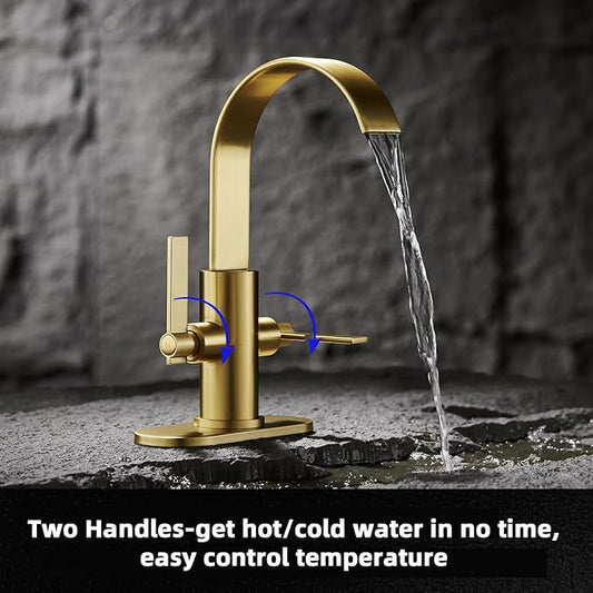 Brushed Gold Bathroom Faucet for Bathroom Sink 1Hole or 3 Hole，high-arc 360° Swivel spout for Vanity Sink with Metal Pop-Up Drain & Supply Lines