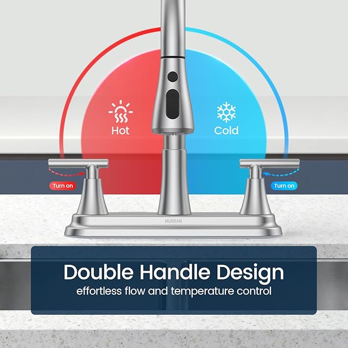 Hurran 8-Inch 2 Handle Pull Down Kitchen Faucet with Soap Dispenser, High Arc 2-in-1 Spray/Stream Stainless Steel Kitchen Sink Faucet for 3-4 Hole Widespread Installation, Brushed Nickel