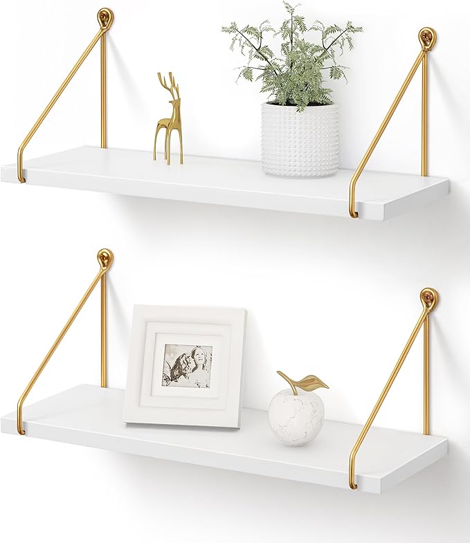 Afuly Floating Shelves for Wall, Metallic Gold White Wall Mounted Shelves, Shelves for Bathroom Kitchen Bedroom Solid Wood Metal Chic Bookshelf, Set of 2