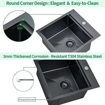 Kitchen Sink, 17 x 19 Inch Drop in Bar Sink Gunmetal Black Stainless Steel Workstation Sink Topmount Kitchen Sink Single Bowl with Cutting Board