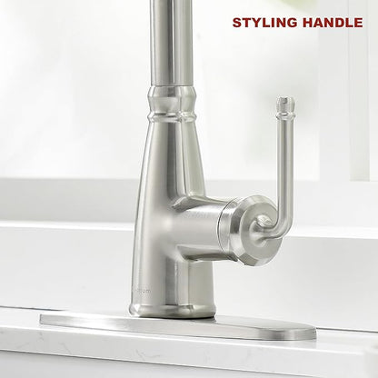 Kitchen Faucet with Pull Down Sprayer, 17 inch Brushed Nickel Antique Single Handle Pull Out Kitchen Sink Faucet with Deck Plate for Classic Modern Ktichen