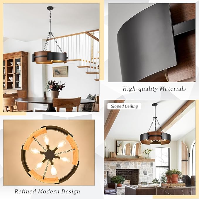 CATINER 24" Industrial Chandelier, Modern Hanging Fixture 6-Light Drum Pendant Light for Living Dining Room Foyer Entryway Kitchen, Black Metal with Red Walnut Grain Finish