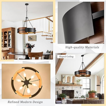 CATINER 24" Industrial Chandelier, Modern Hanging Fixture 6-Light Drum Pendant Light for Living Dining Room Foyer Entryway Kitchen, Black Metal with Red Walnut Grain Finish