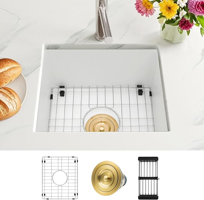 MILOSEN White Undermount Bar Sink, 16×18 Inch Small White Wet Bar or Prep Sink, 9 Inch Deep Granite Composite Outdoor Single Bowl Basin with Accessories, Small Quartz Sinks