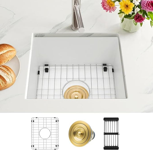 MILOSEN White Undermount Bar Sink, 16×18 Inch Small White Wet Bar or Prep Sink, 9 Inch Deep Granite Composite Outdoor Single Bowl Basin with Accessories, Small Quartz Sinks