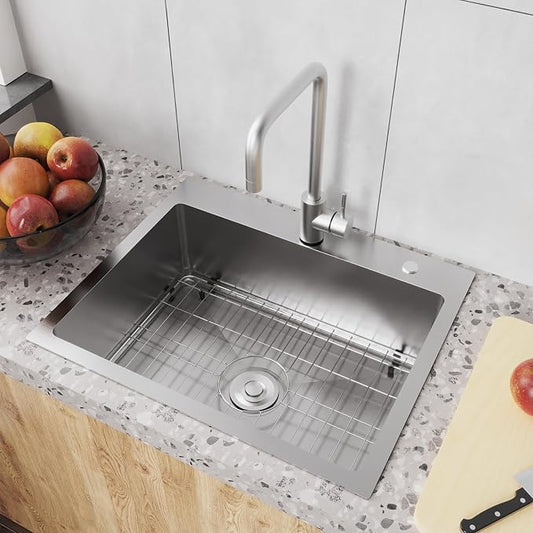22" x 18" Drop in Kitchen Sink 304 Stainless Steel Single Bowl Topmount Kitchen Sink with Drain Kit and Bottom Grid, Brushed