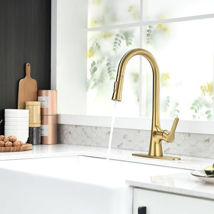 Brushed Gold Kitchen Faucet, Single Handle Gold Kitchen Sink Faucet with Pull Down Sprayer Modern Stainless Steel Brass Kitchen Faucet with Deck Plate Power Clean Spray Head 1 or 3 Hole