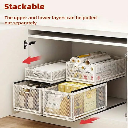 Pull out Cabinet Organizer with Sliding Drawer, 1 Pack Under Sink Organizers and Storage Rack, Adhesive Nano Film Heavy Duty Slide out Pantry Shelves for Kitchen,Sink, 9.6"W x15.7"D x 8.4"H