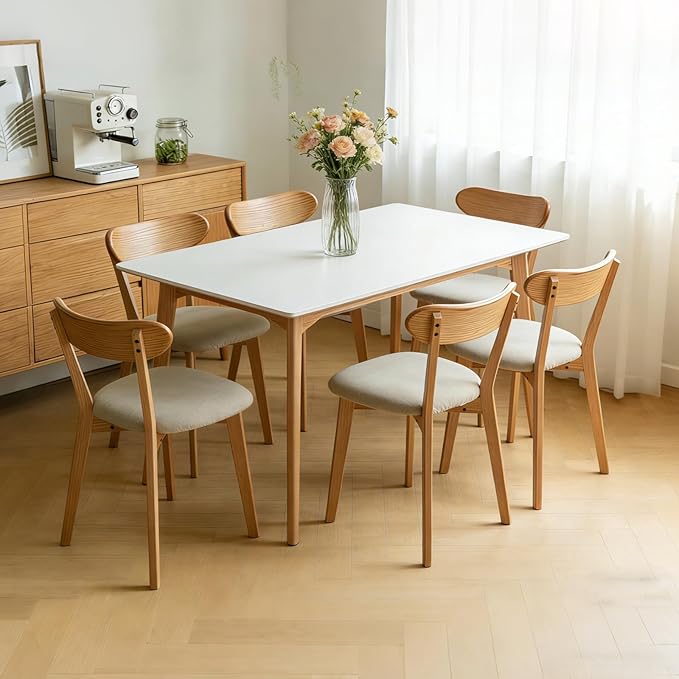 Solid Oak Wood Dining Chairs Set of 6,Mid Century Modern Dining Chairs with Padded Seat - FAS-Grade North American Oak, Ergonomic Curved Backrest, 400 lb Capacity, for Dining Room Kitchen