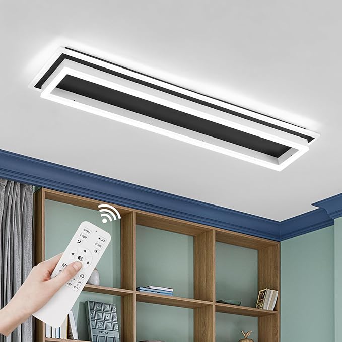 Dimmable Led Ceiling Light with Remote Control 31.5in Modern Linear Flush Mount Ceiling Lighting Fixture Acrylic Long Ceiling Lamp for Living Room Kitchen Dining Room Hallway (Black&White)