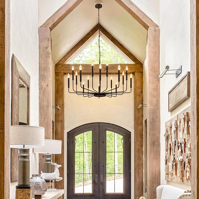 Black Chandelier, 16 Light Farmhouse Chandeliers for Dining Room Lighting Fixtures Hanging, Candle Chandelier Light Fixtures, Industrial Chandeliers for Living Room Kitchen Staircase Foyer