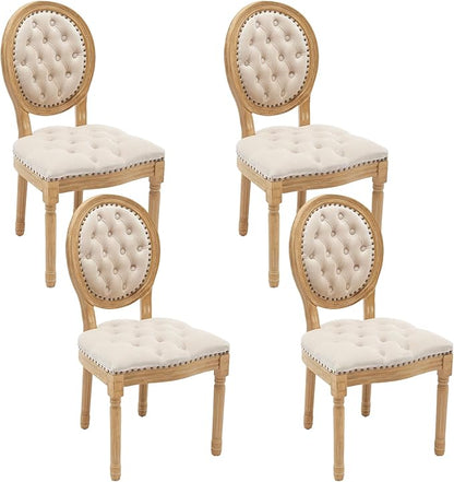 Velvet Dining Chairs Set of 4, Vintage Wooden Dining Chair with Solid Wood Legs, Upholstered Farmhouse Kitchen Chair for Living Room, Restaurant, Bedroom (Beige, Set of 4)