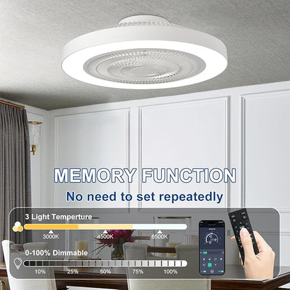 Depuley Modern Ceiling Fan with Light: 19" Bladeless Flush Mount Low Profile LED Ceiling Fans with Remote & Smart APP Control - White Enclosed Fandelier Dimmable Quiet DC Motor for Bedroom Kids Room