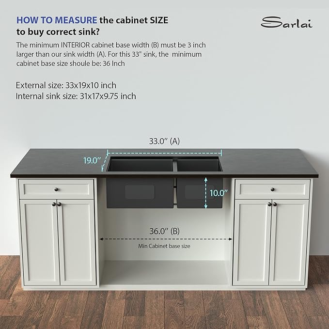 Sarlai 33 Black Kitchen Sink - 33 inch Undermount Kitchen Sink Double Bowl Gunmetal Black 16 Gauge Stainless Steel Double Sinks 60/40 Undermount Basin
