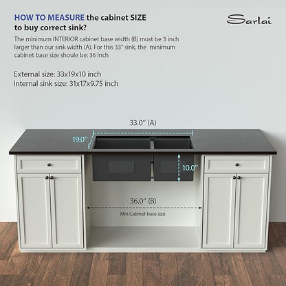 Sarlai 33 Black Kitchen Sink - 33 inch Undermount Kitchen Sink Double Bowl Gunmetal Black 16 Gauge Stainless Steel Double Sinks 60/40 Undermount Basin