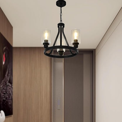 Black Farmhouse Chandelier Lighting Round 3 Lights with Glass Shade Ceiling Hanging Vintage Rustic Light Fixture for Dining Room Living Room Foyer Porch Kitchen Island