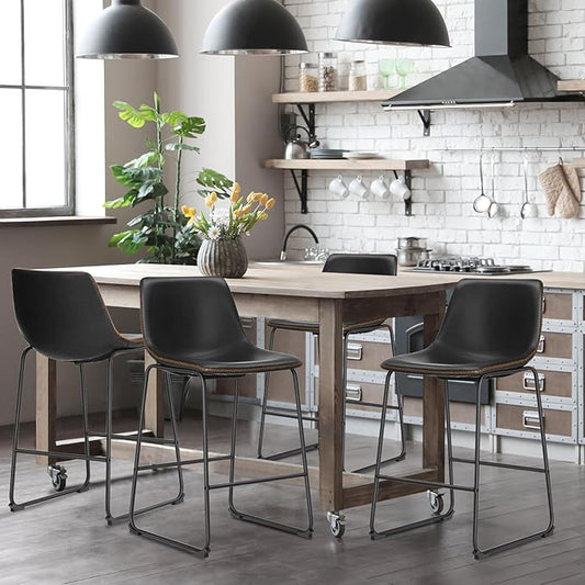 DUMOS 26 Inch Counter Height Bar Stools Set of 4, Modern Faux Leather High Barstools with Back and Metal Leg, Bar Chairs for Kitchen lsland, Black